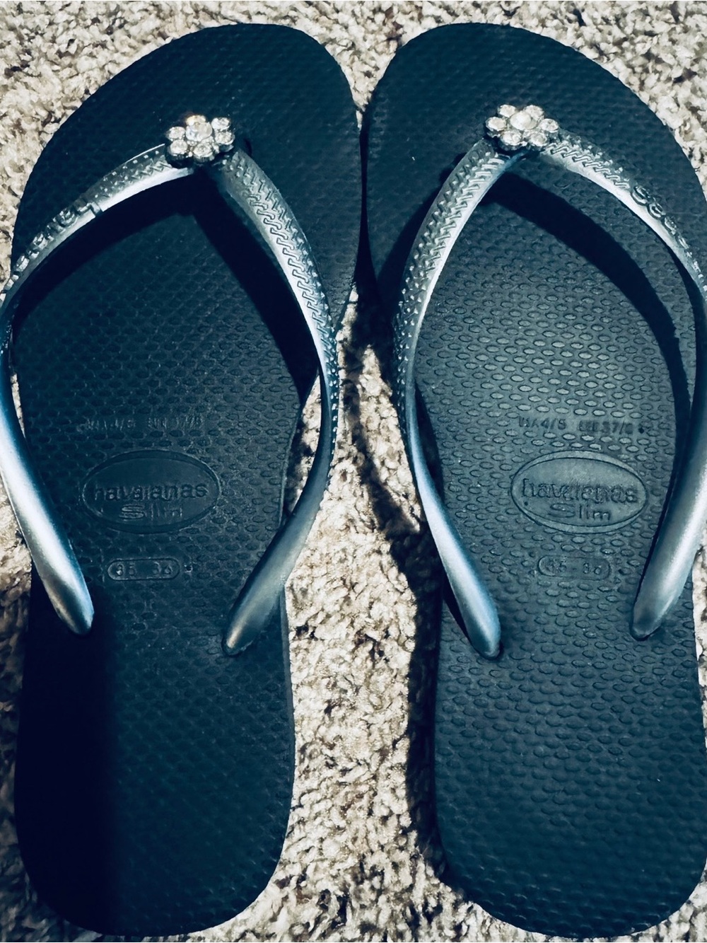 Havaianas Dark Gray Flip Flops with Crystal Flower Accent